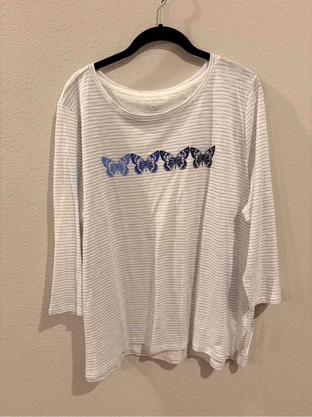 Talbots White and Blue Striped Long-Sleeve Tee with Blue Butterfly Row